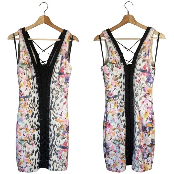 Vintage Bebe Y2K Lace Up Bodycon Mini Dress Women's Small Multicolor Floral - Picture 1 of 14